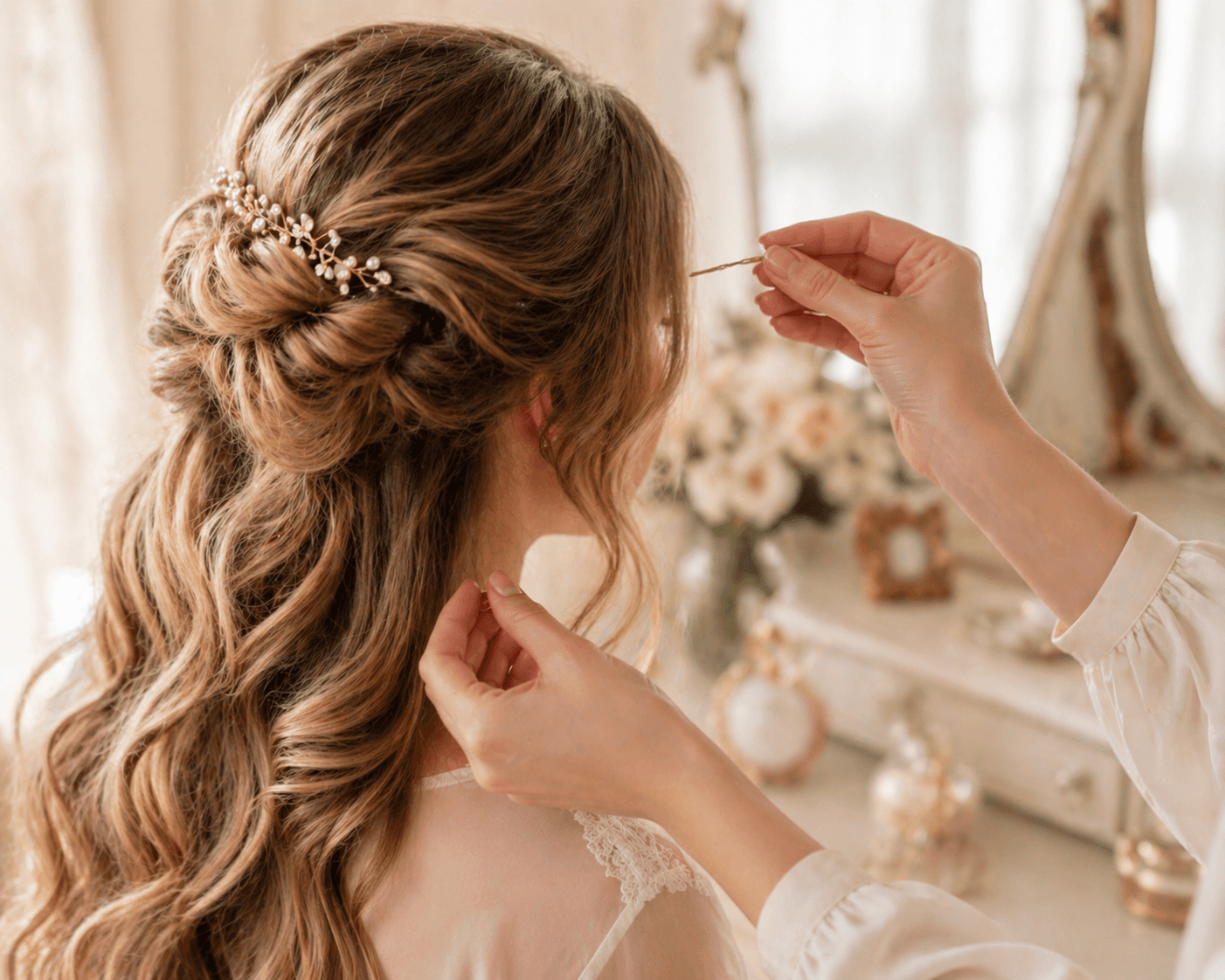 Полу-распущенная свадебная причёска с локонами и шпилькой