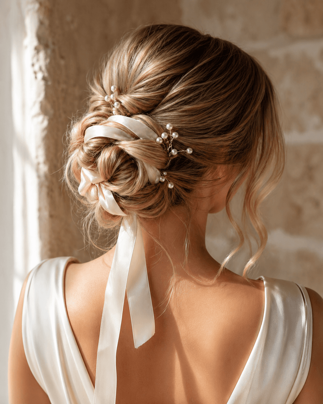 Свадебный пучок с белой шёлковой лентой и жемчужными шпильками